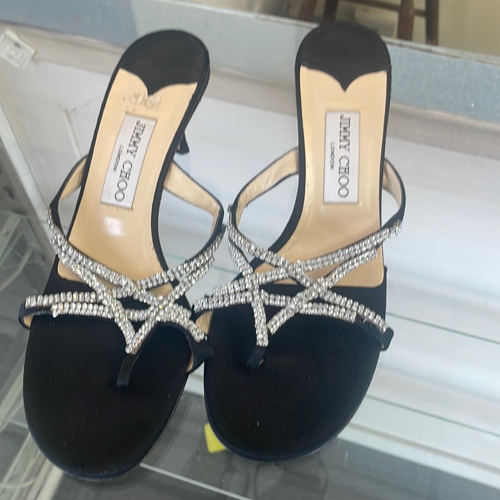Jimmy Choo London black satin heels with rhinestone accents